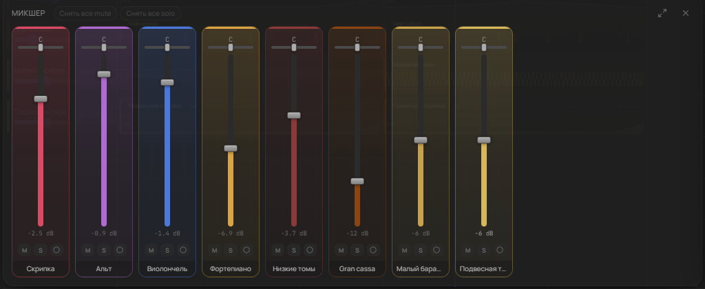 The mixer: eight tracks with coloured faders, pan controls, mute and solo buttons, and dB volume readouts